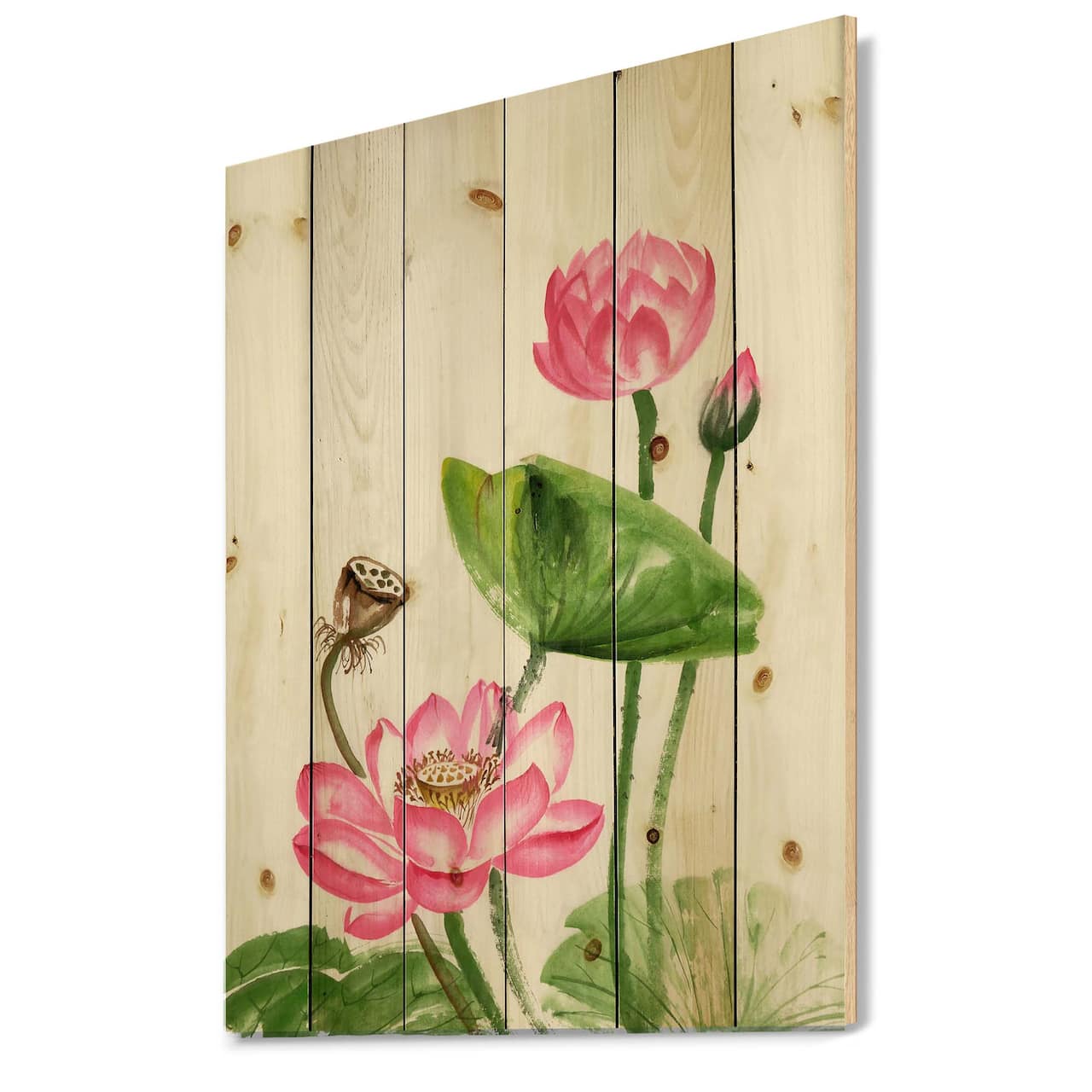 Designart - Vintage Pink Lotuses In The Pond III - Traditional Print on Natural Pine Wood